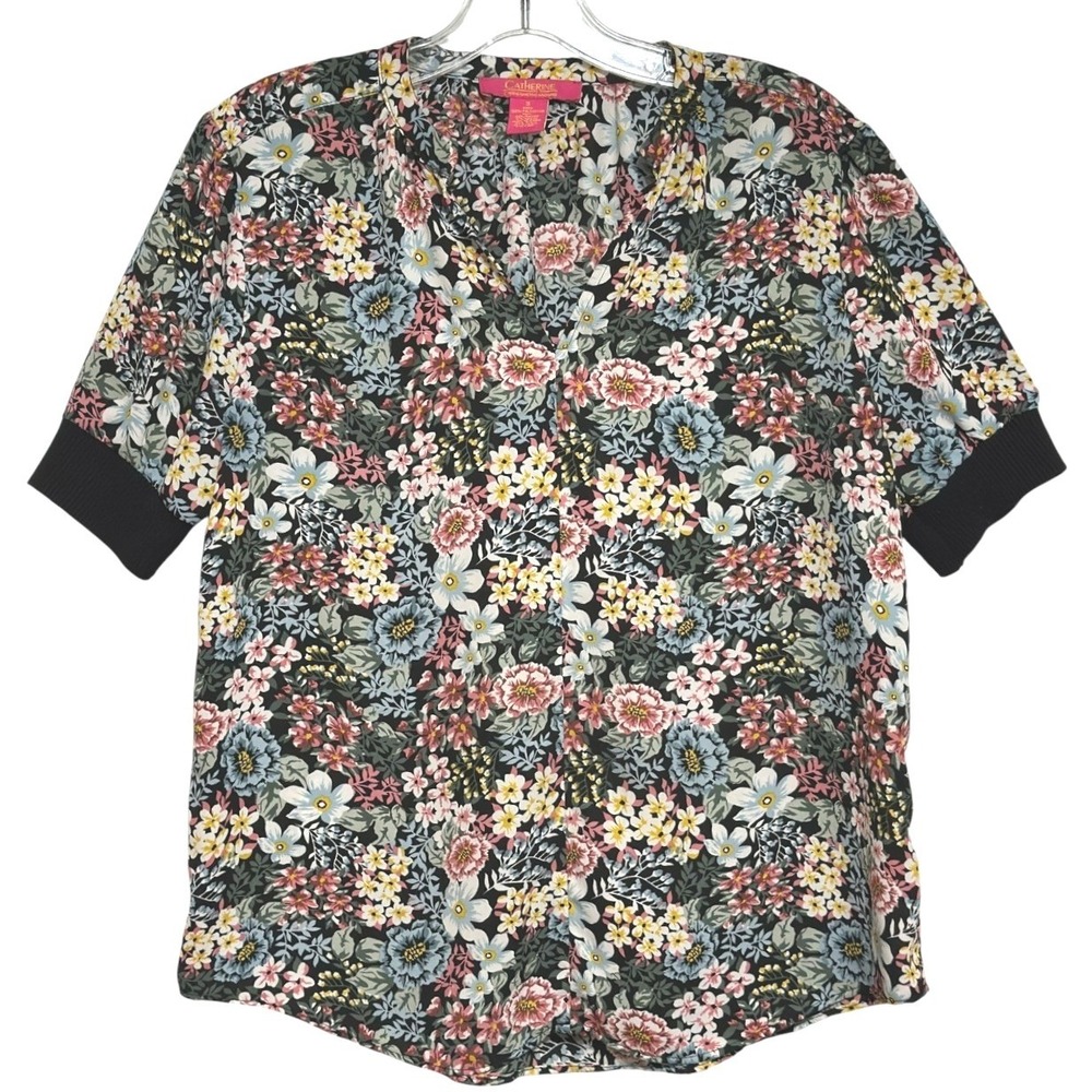 Catherine Malandrino Floral Blouse Women Black Multi-Color V-Neck Cottagecore S